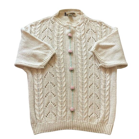 VTG Diane Von Furstenberg Womens Cable Knit Sweater LARGE Cream Cottage Feminine - Picture 1 of 13
